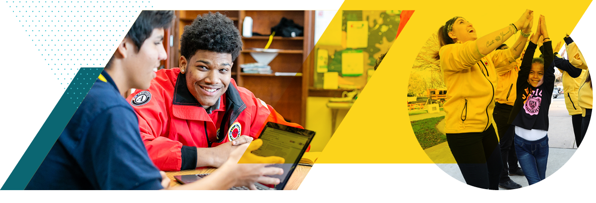 Photo of a ɫƵ AmeriCorps member at a desk with a student, a large bright yellow parallelogram, and a photo of a team of corps members greeting a young student to school with enthusiasm